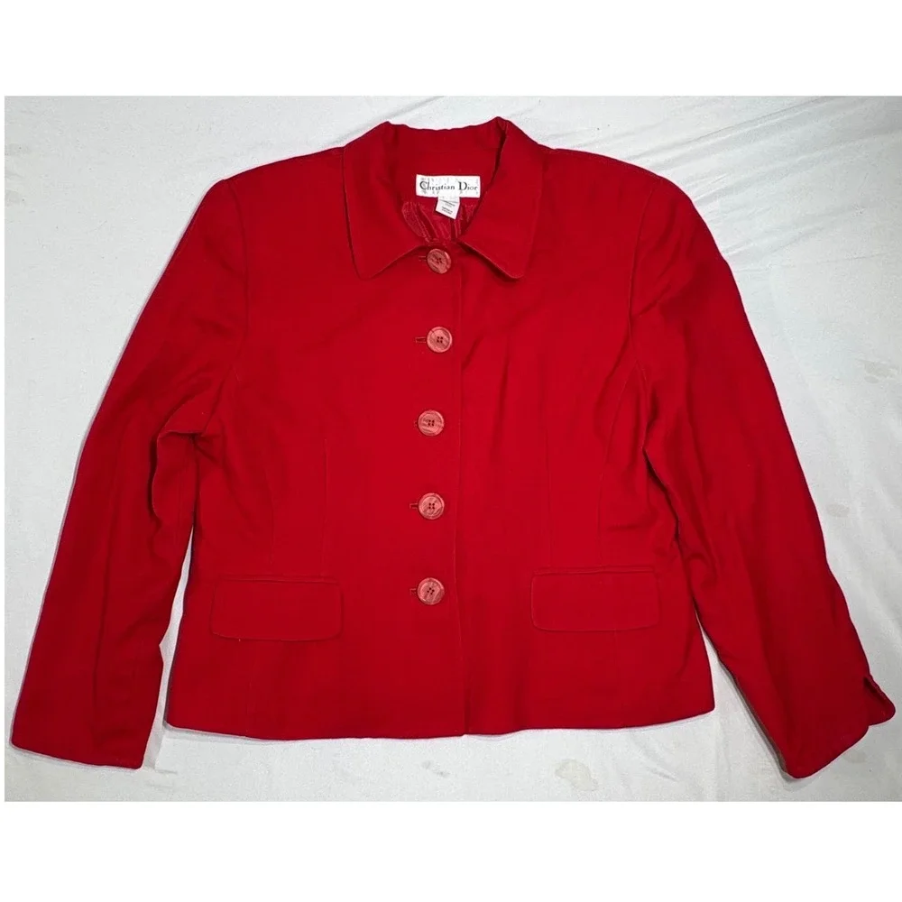 Christian Dior Blazer Womens Red Worsted Wool Herringbone Vintage Button Up USA